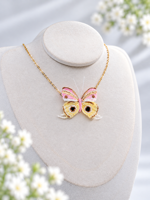 Pink Butterfly Necklace – handmade micro crochet jewelry by Mayten Craft