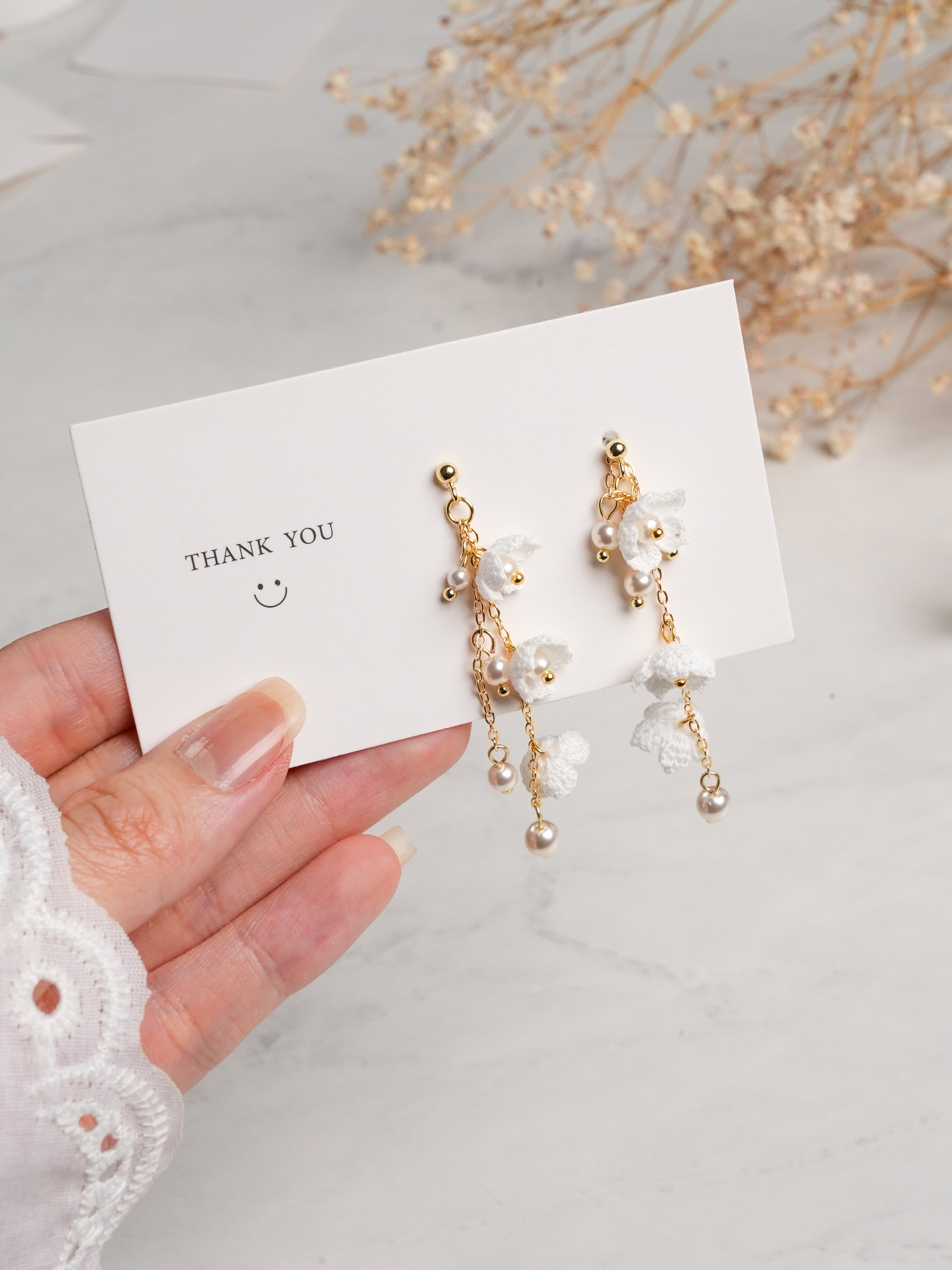 Micro Crochet Flower Dangle Earrings | Handmade Floral Drop Earrings with Pearl Beads