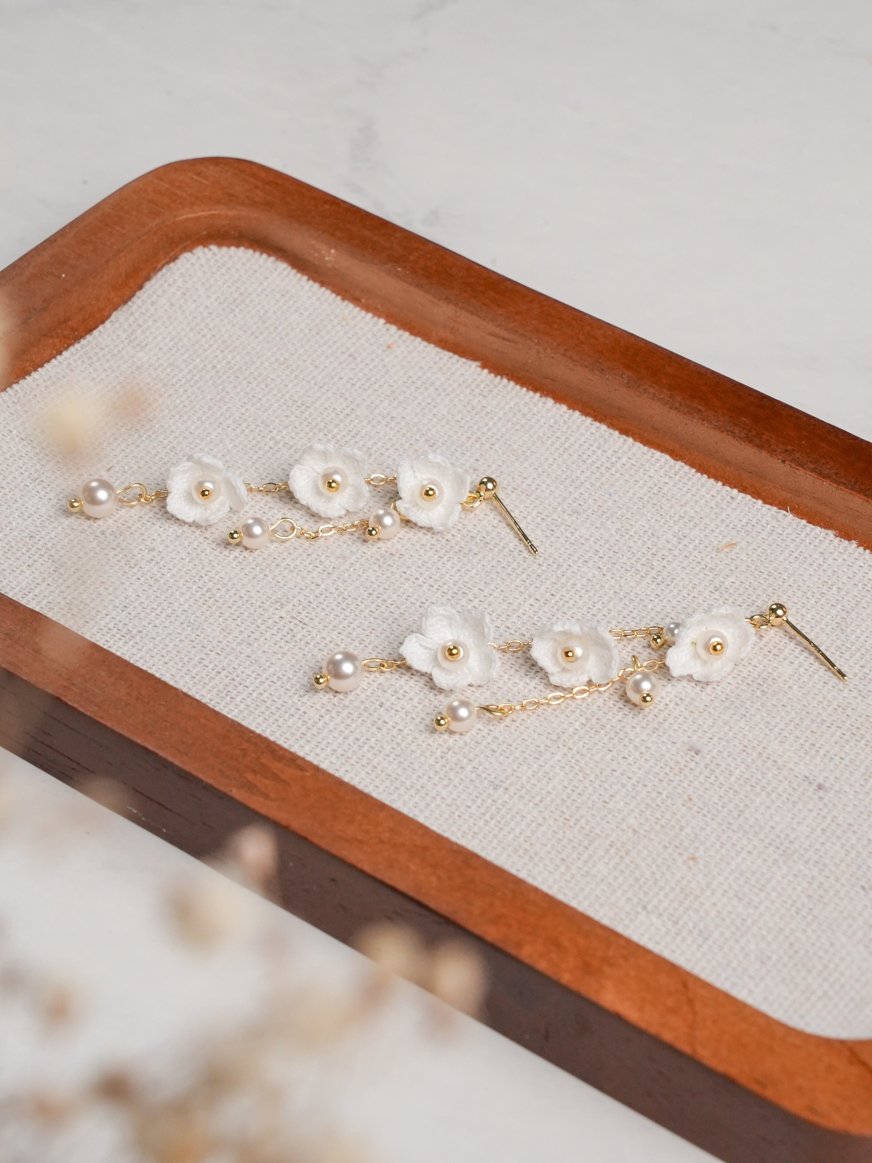 Micro Crochet Flower Dangle Earrings | Handmade Floral Drop Earrings with Pearl Beads