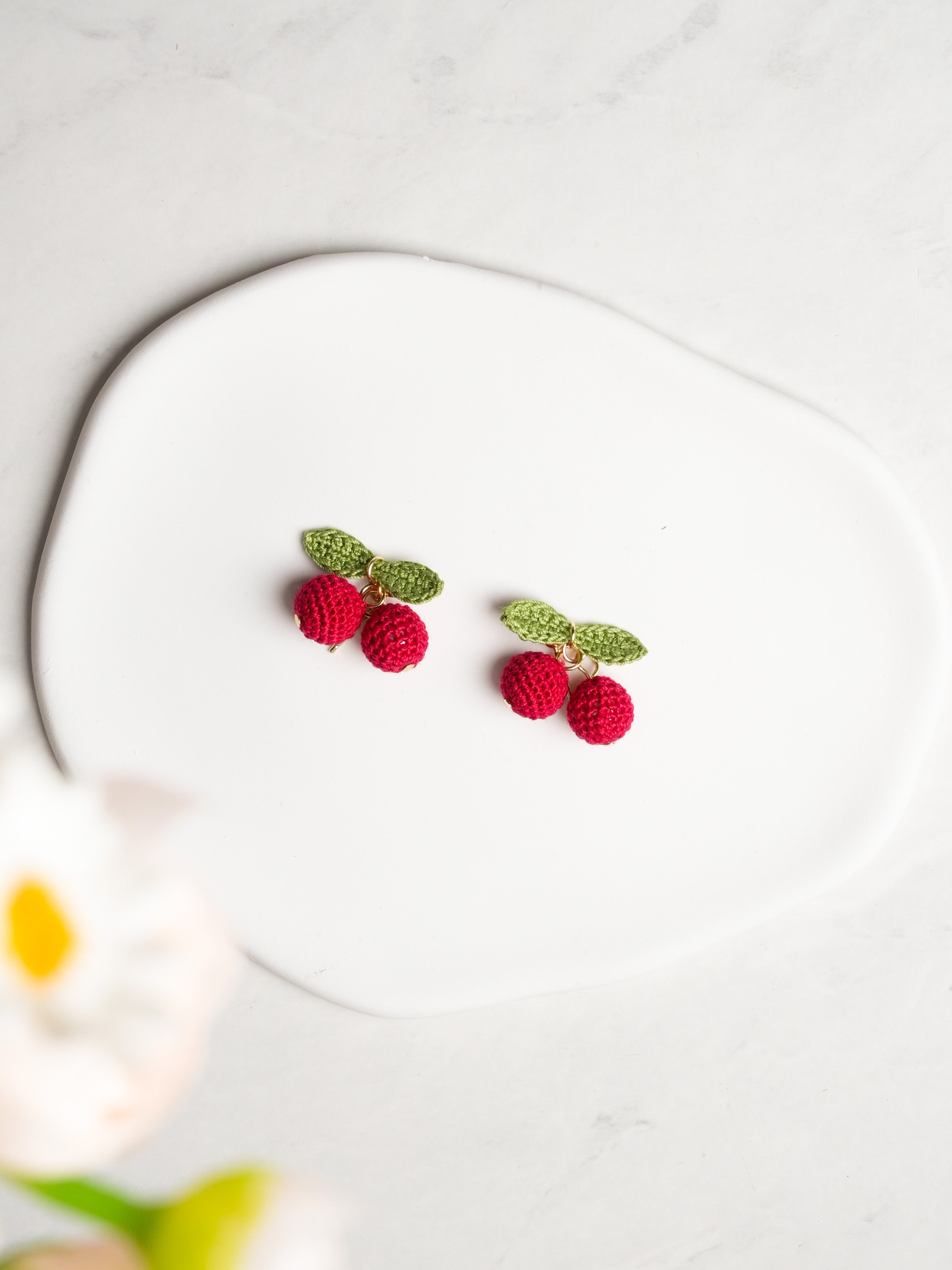 Cherry Earrings - Handmade Crochet Cherry Stud Earrings