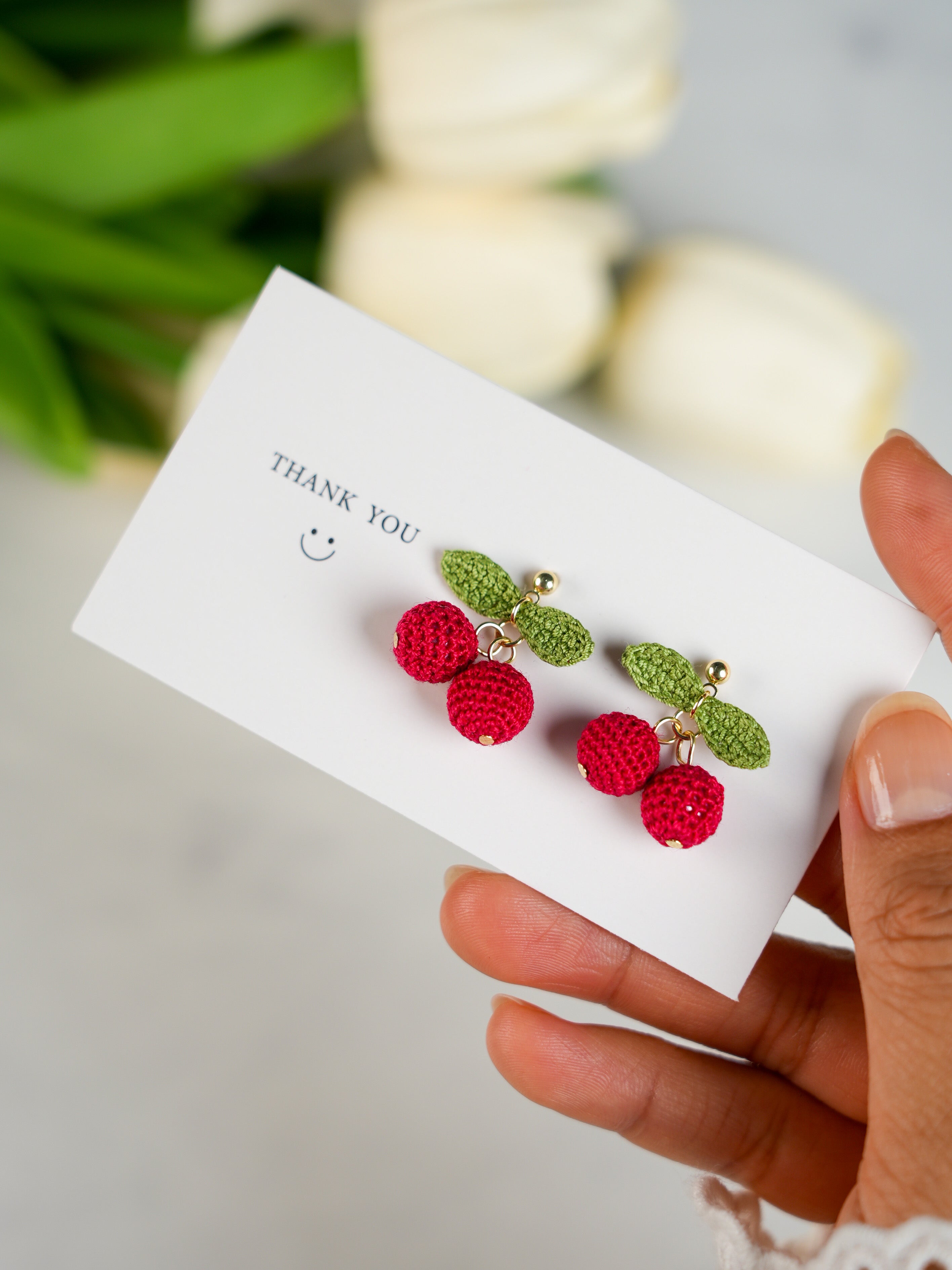 Cherry Earrings - Handmade Crochet Cherry Stud Earrings