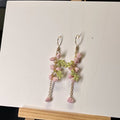 Handmade Crochet Mimosa Flower Dangle Earrings – Pink Floral Drop Earrings, Boho Botanical Jewelry