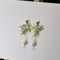 Handmade Crochet Pastel Flower Pearl Drop Earrings – Blue & Pink Floral Dangle Earrings, Boho Botanical Jewelry