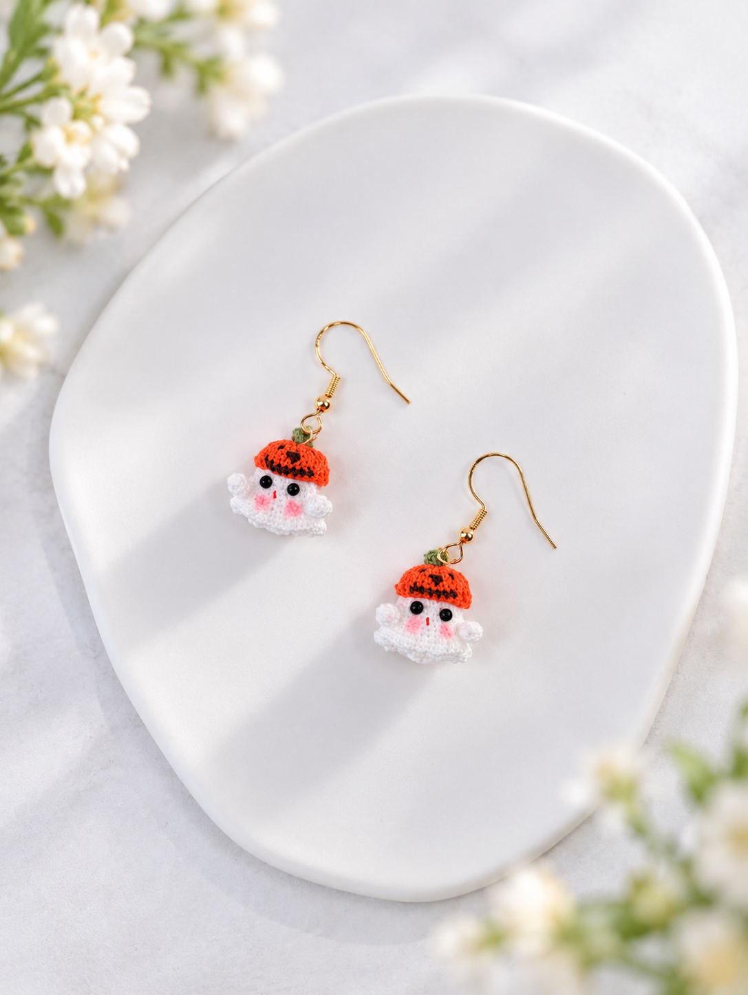 Ghost Earrings – Cute Halloween Micro Crochet Dangle Earrings, Handmade Kawaii Ghost Jewelry