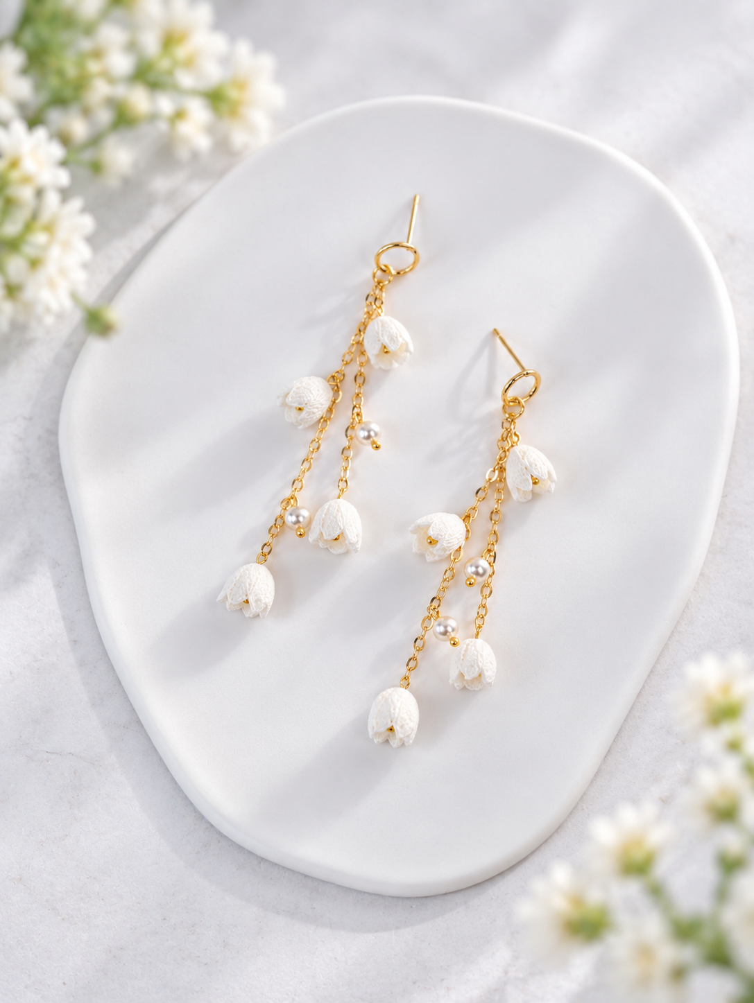 Lily of the Valley Earrings – Micro Crochet Flower Dangle Earrings with Pearls, White or Pink