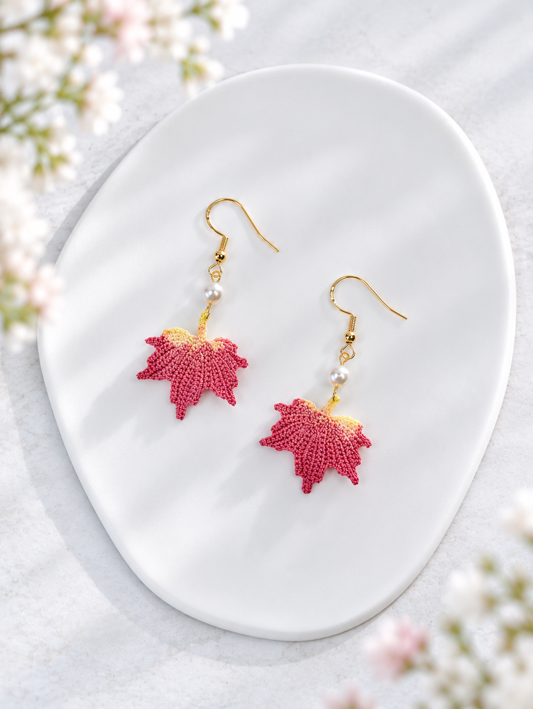 Maple Leaf Earrings – Handmade Micro Crochet Red Leaf Dangle Earrings