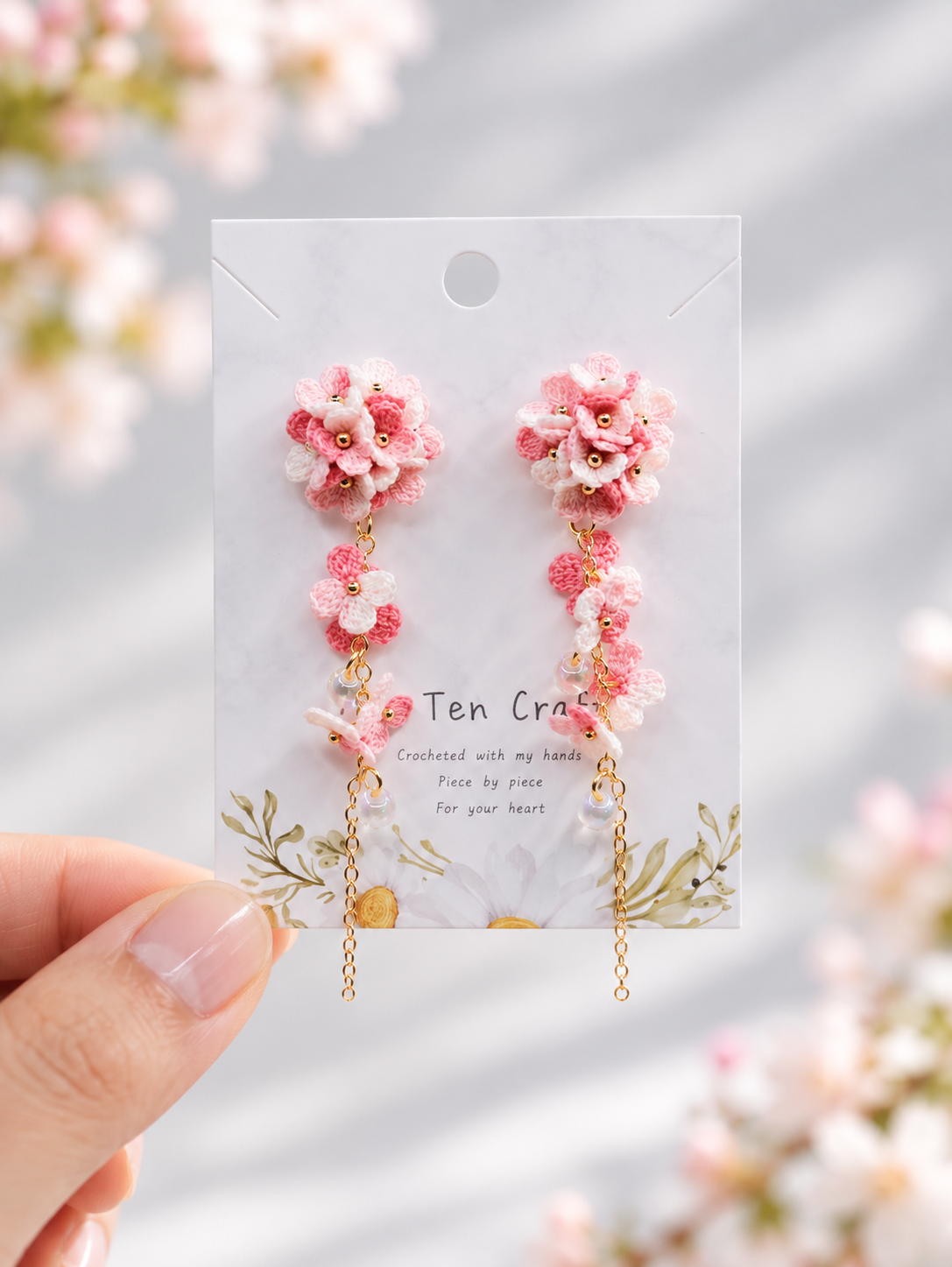 Hydrangea Micro Crochet Earrings | Handmade  Flower Dangle Earrings with Gold Chain