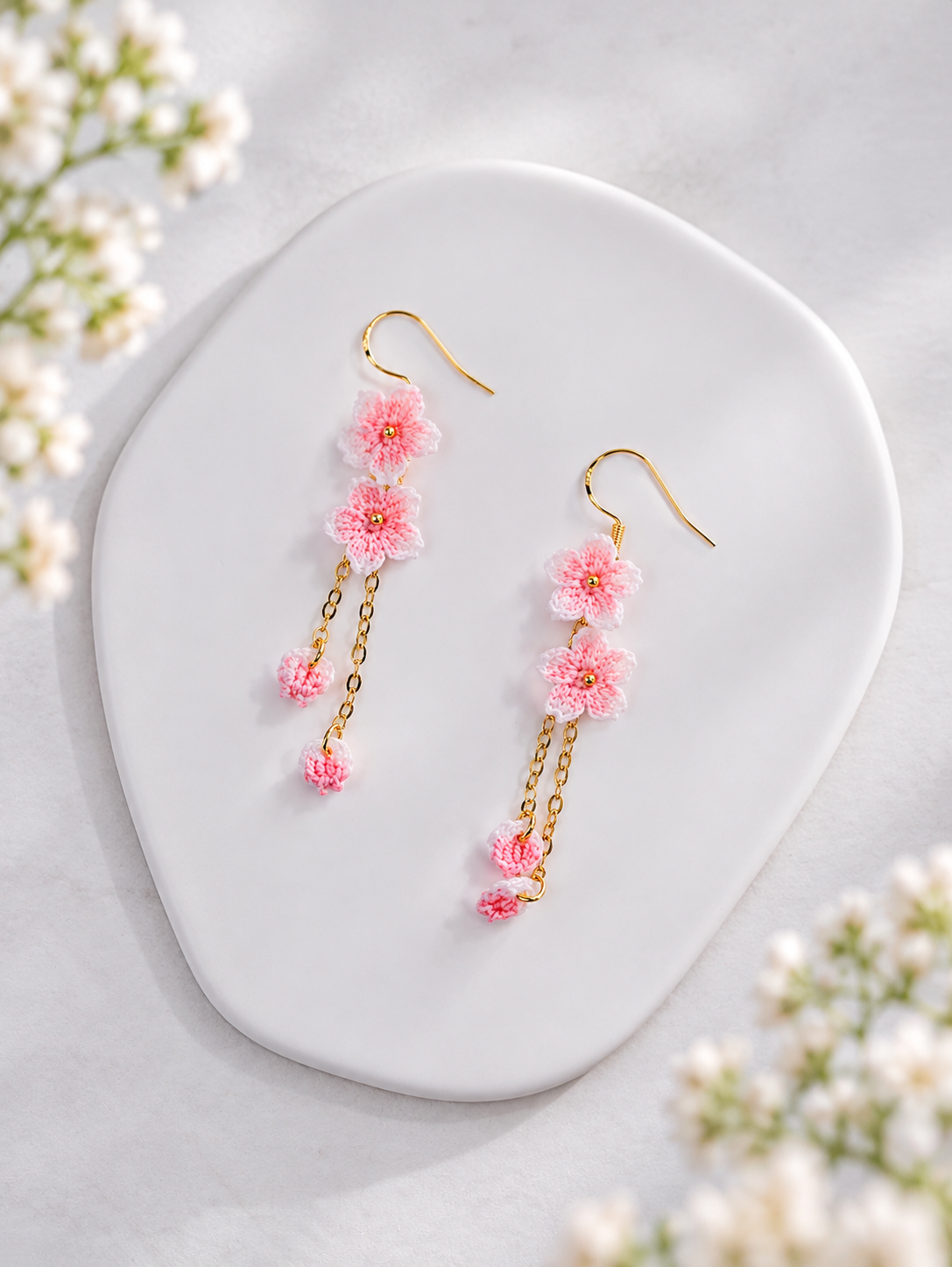 Cherry Blossom Earrings – Pink Sakura Micro Crochet Dangle Earrings, Handmade Floral Drop Earrings