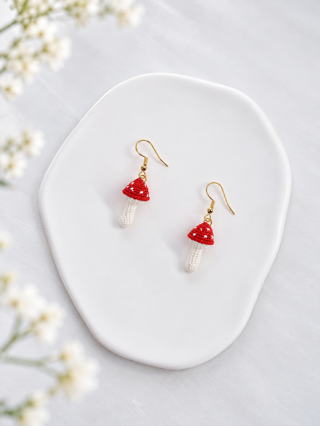 Red Mushroom Earrings – Handmade Micro Crochet Toadstool Dangle Earrings
