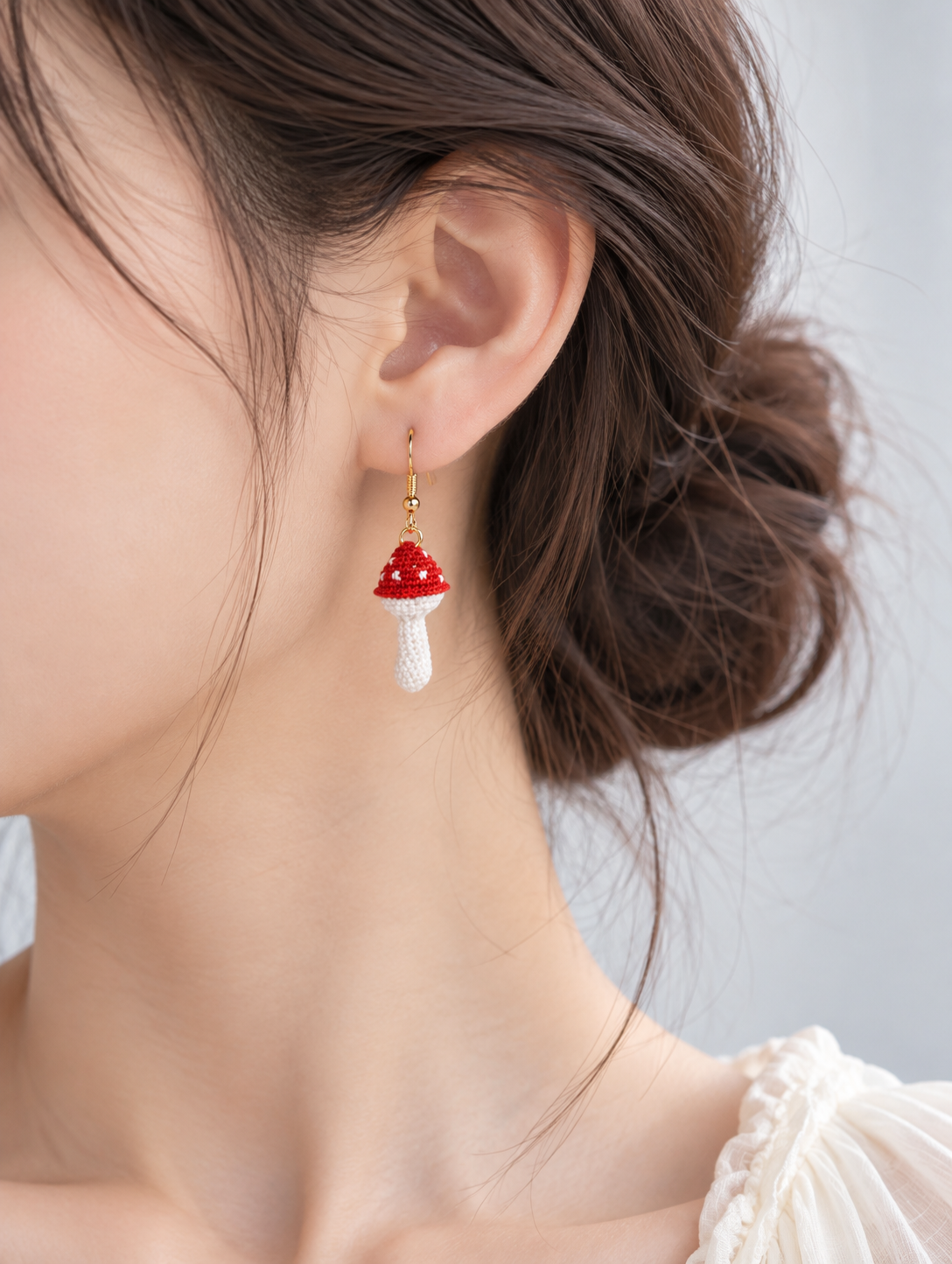 Red Mushroom Earrings – Handmade Micro Crochet Toadstool Dangle Earrings