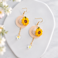 Straw Hat Earrings with Sunflower & Pink Blossom – Handmade Micro Crochet Dangle Earrings