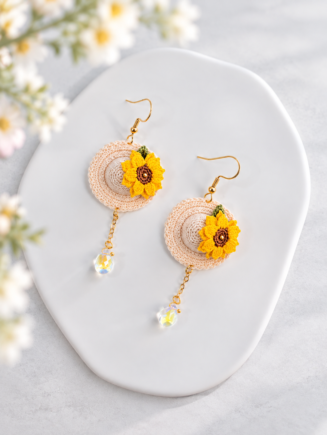 Straw Hat Earrings with Sunflower & Pink Blossom – Handmade Micro Crochet Dangle Earrings