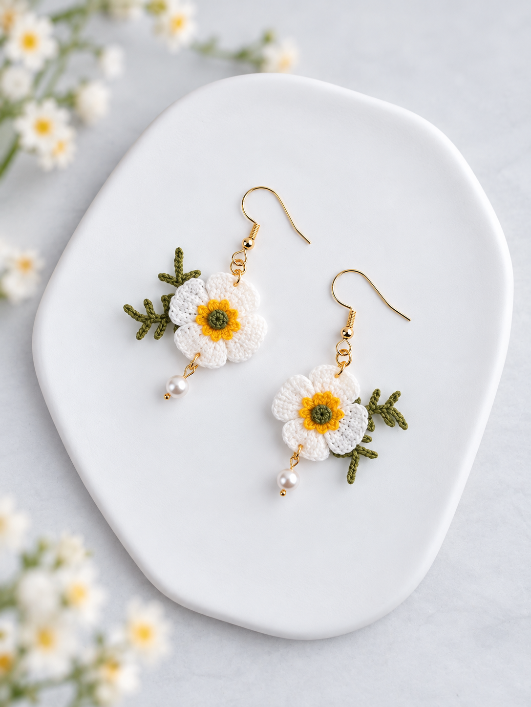 Poppy Earrings – Handmade Micro Crochet Flower Dangle Earrings with Fern & Pearl