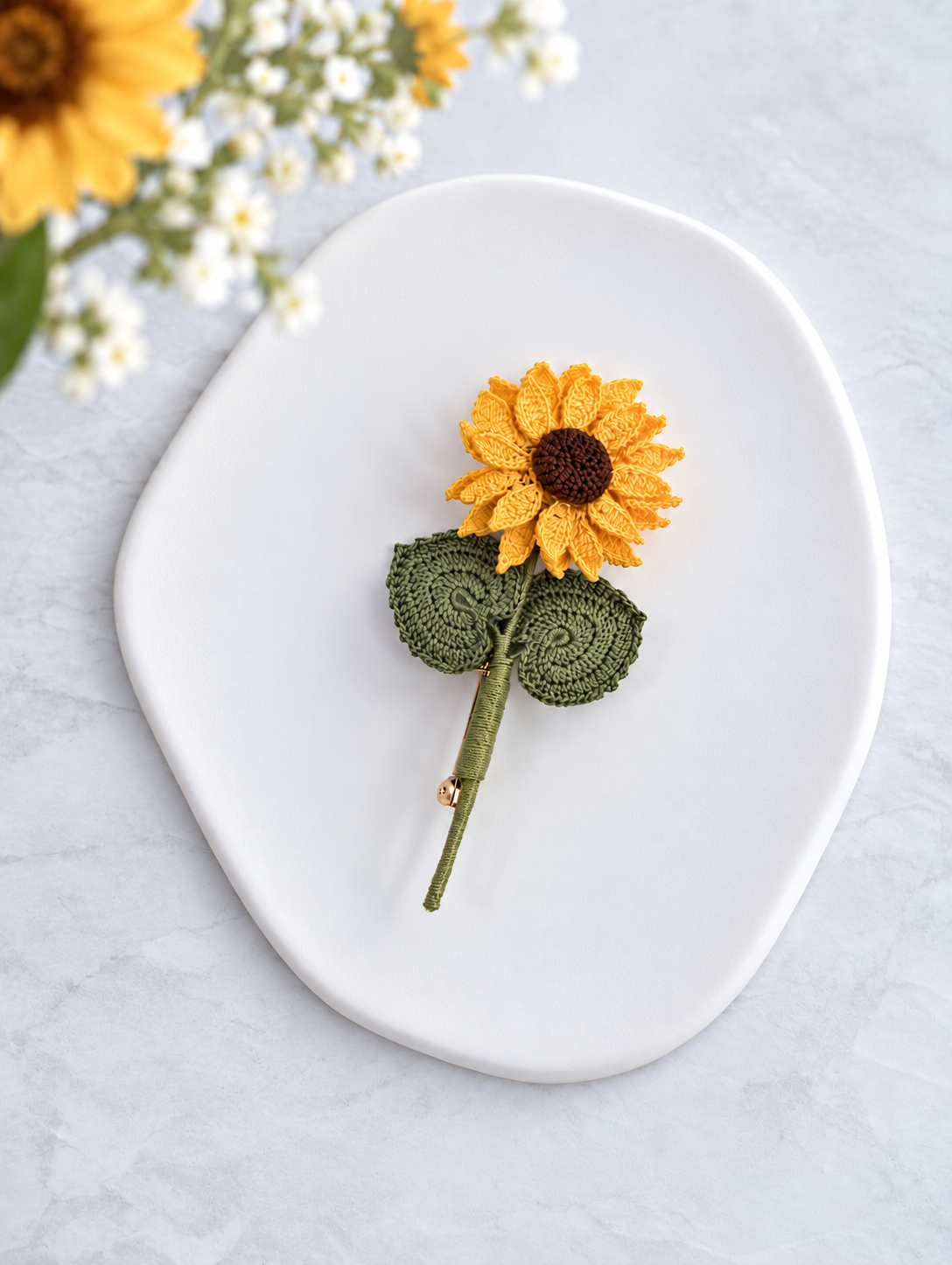Sunflower Brooch – Handmade Micro Crochet Sunflower Pin with Stem & Leaves