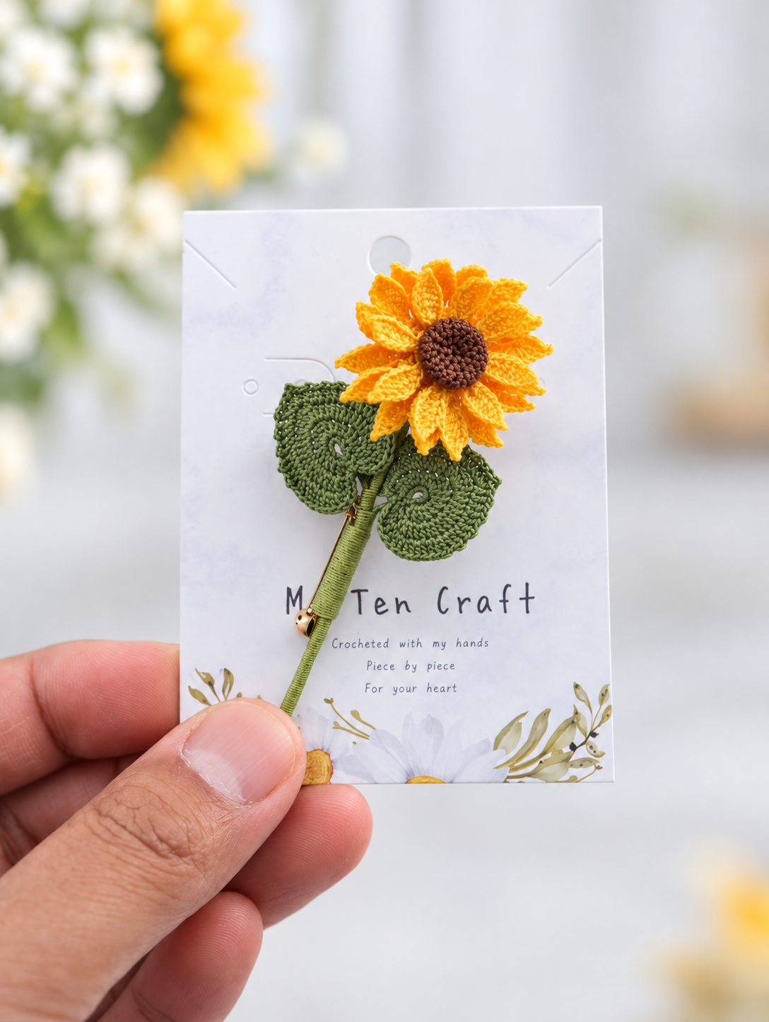 Sunflower Brooch – Handmade Micro Crochet Sunflower Pin with Stem & Leaves