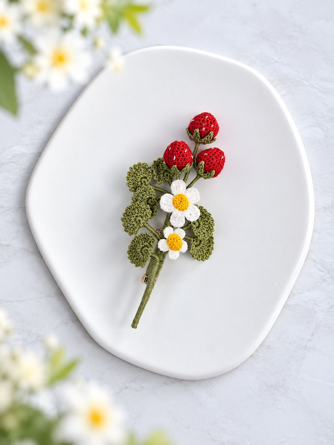 Strawberry Sprig Micro Crochet Brooch