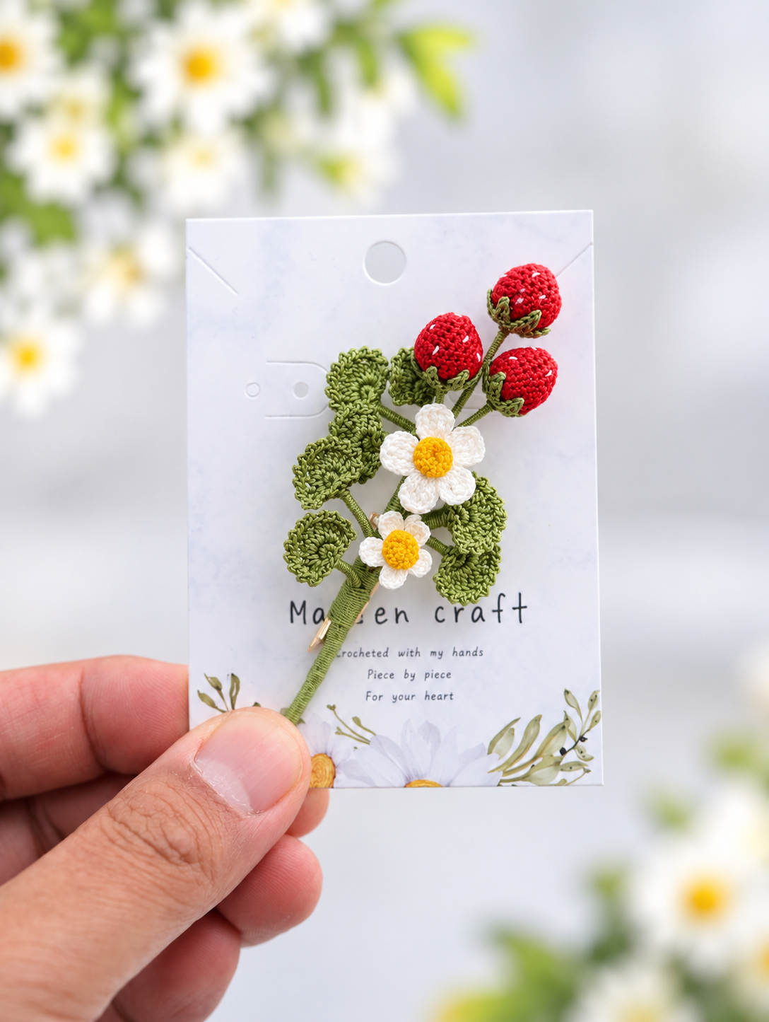 Strawberry Sprig Micro Crochet Brooch