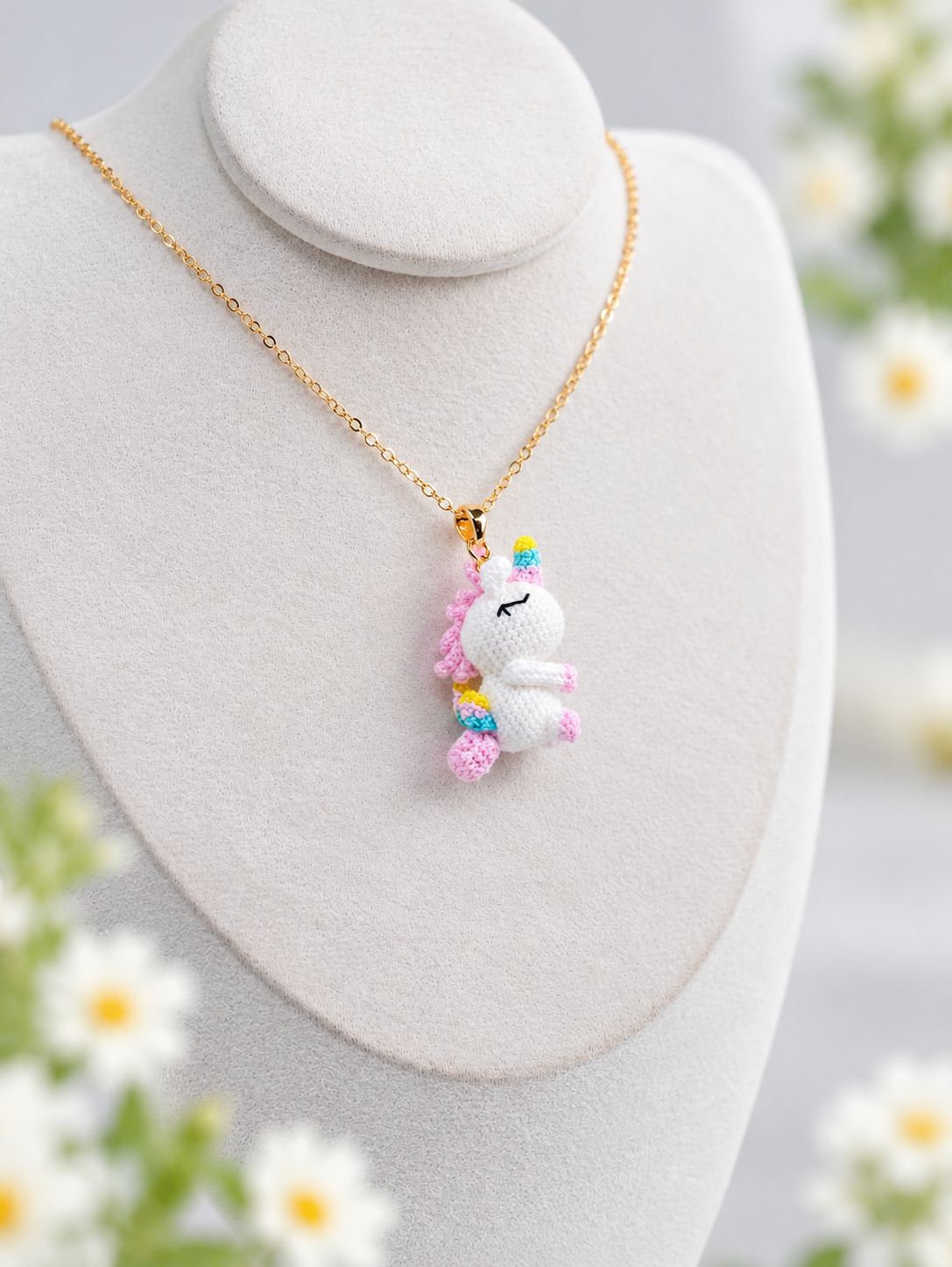 Unicorn Necklace – Handmade Micro Crochet Pastel Rainbow Unicorn Pendant Necklace