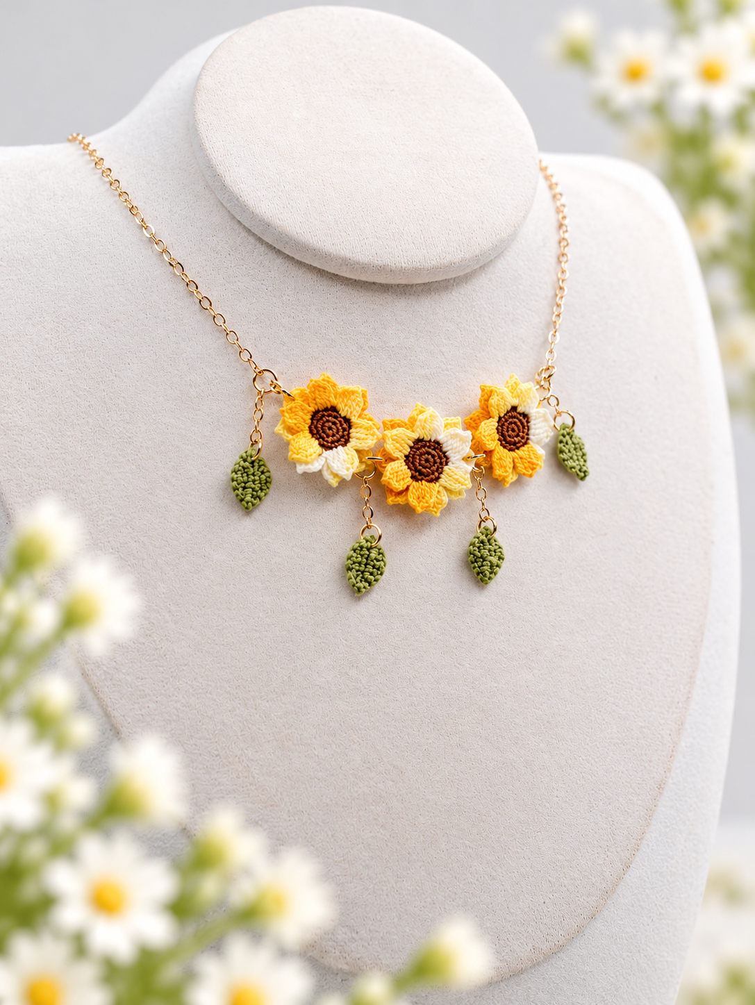 Sunflower Necklace – Handmade Micro Crochet Sunflower Pendant Necklace with Leaves
