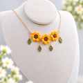 Sunflower Necklace – Handmade Micro Crochet Sunflower Pendant Necklace with Leaves
