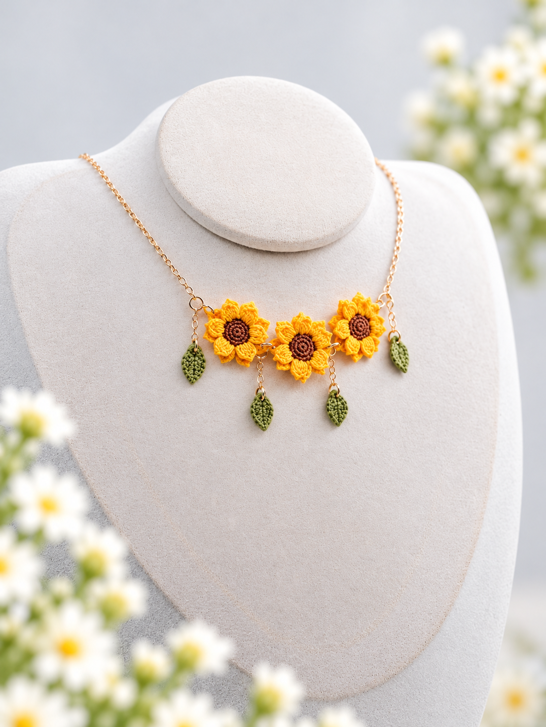 Sunflower Necklace – Handmade Micro Crochet Sunflower Pendant Necklace with Leaves