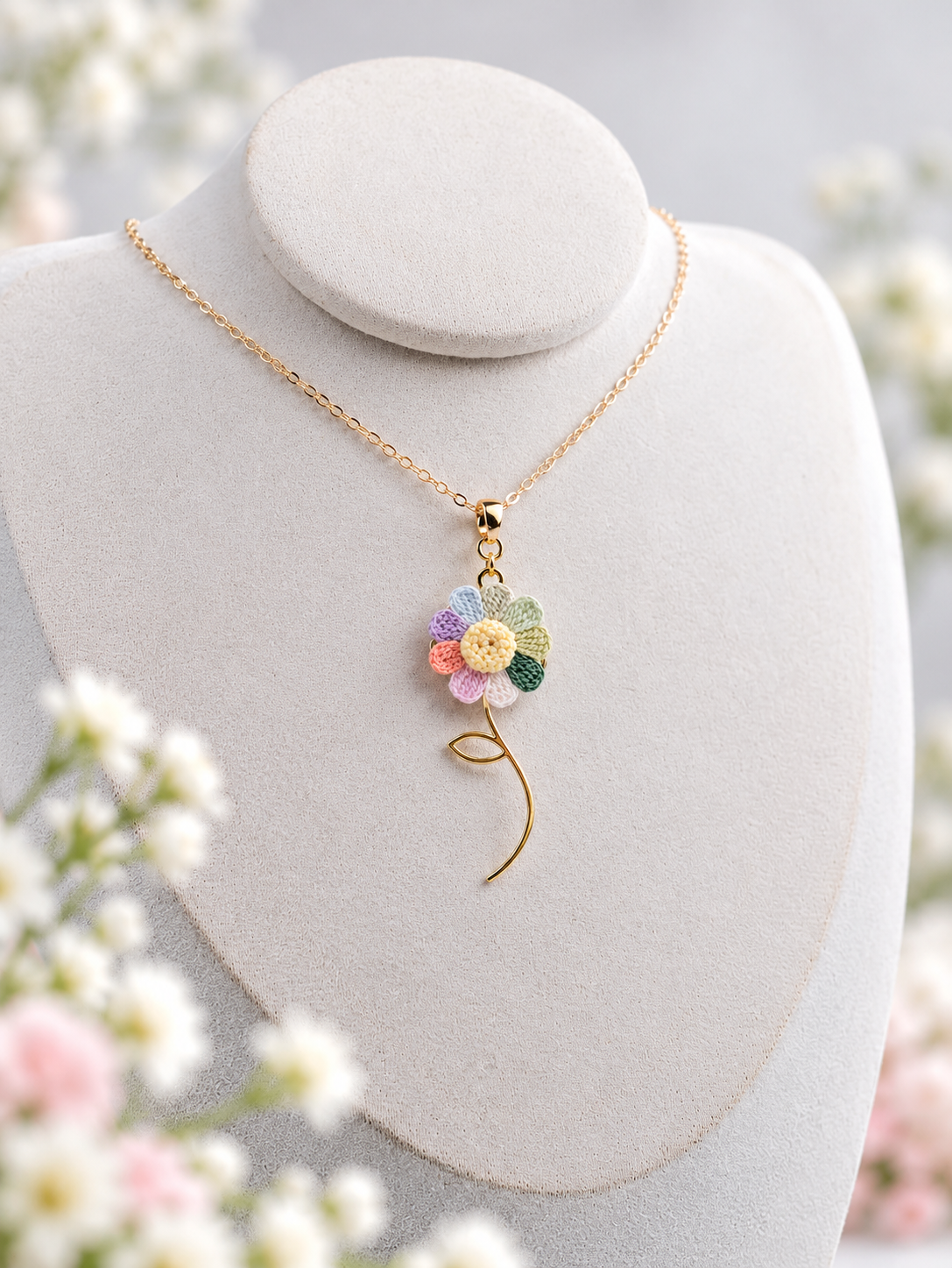 Rainbow Flower Necklace – Handmade Micro Crochet Spinning Flower Pendant Necklace
