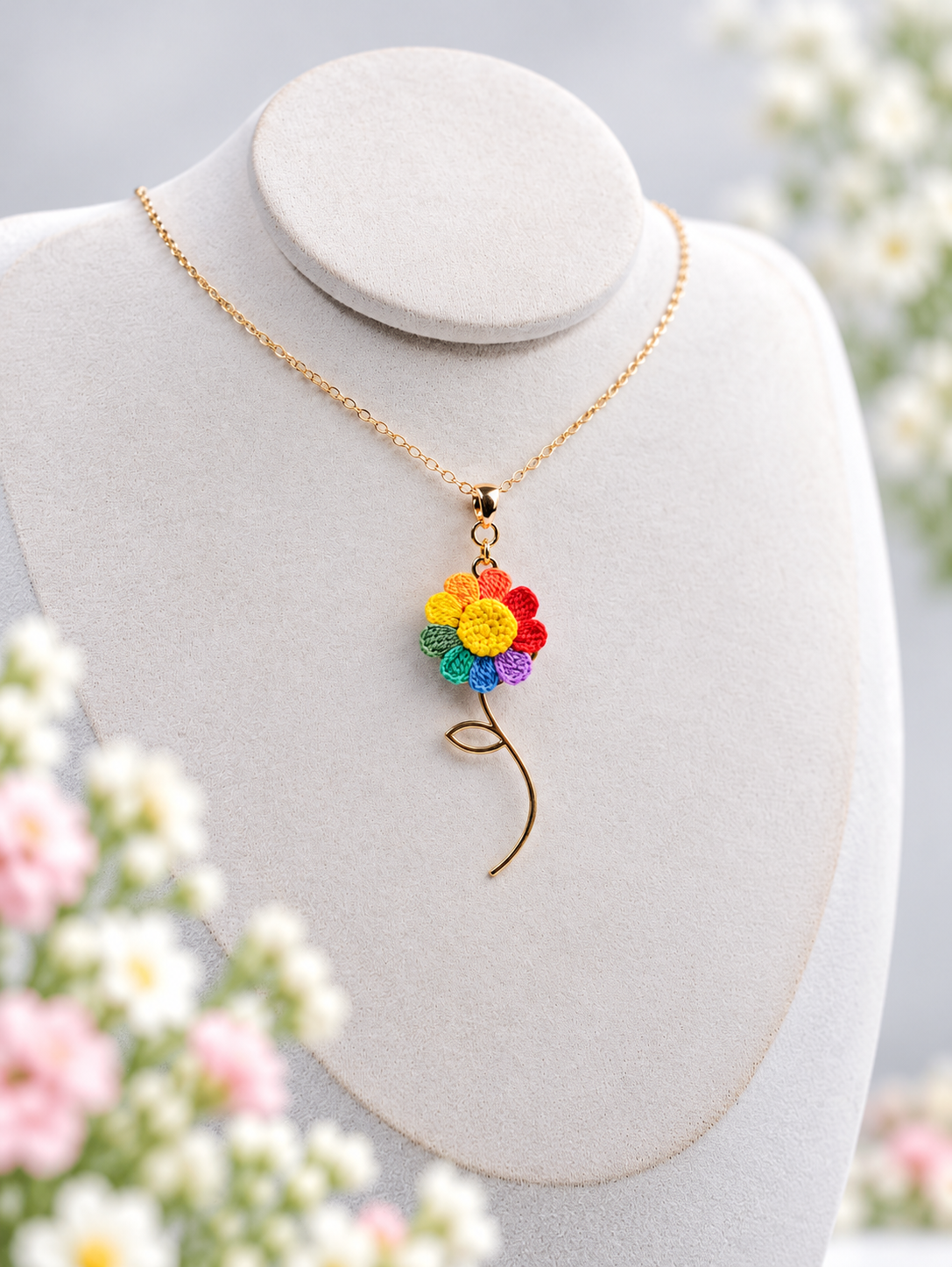 Rainbow Flower Necklace – Handmade Micro Crochet Spinning Flower Pendant Necklace
