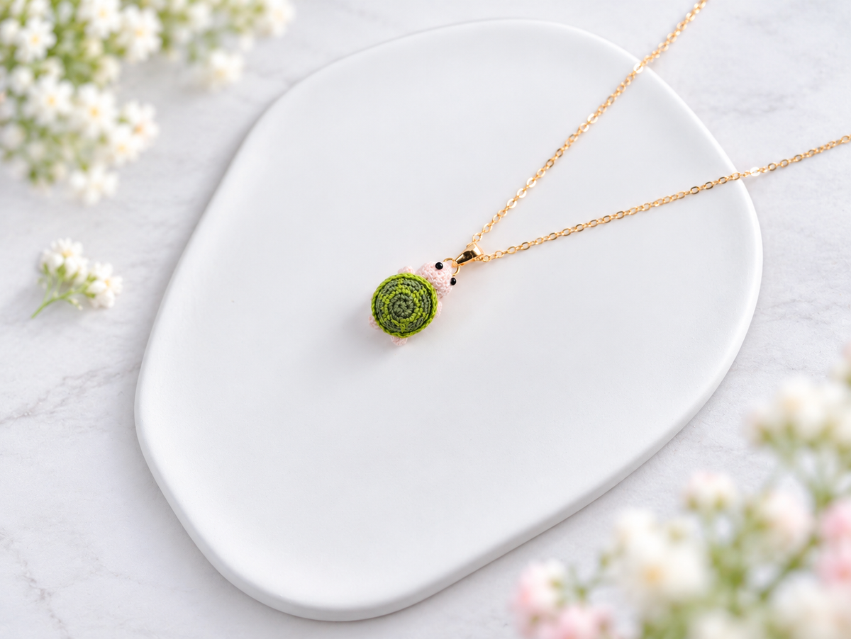 Turtle Necklace – Handmade Micro Crochet Green Turtle Pendant Necklace