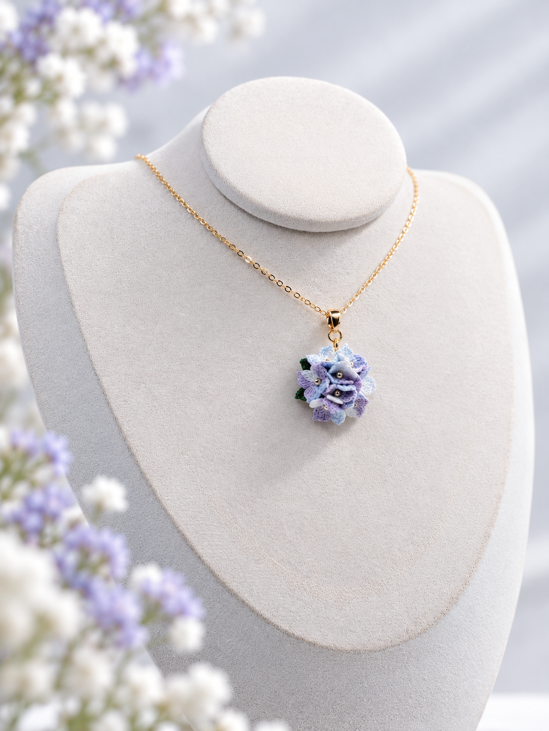 Hydrangea Necklace – Handmade Micro Crochet Hydrangea Pendant Necklace