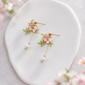 Handmade Crochet Pastel Flower Pearl Drop Earrings – Blue & Pink Floral Dangle Earrings, Boho Botanical Jewelry