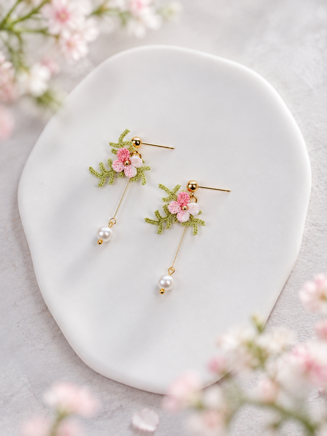 Handmade Crochet Pastel Flower Pearl Drop Earrings – Blue & Pink Floral Dangle Earrings, Boho Botanical Jewelry