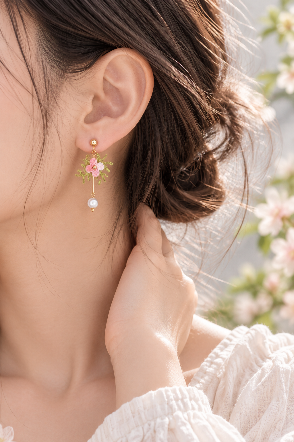 Handmade Crochet Pastel Flower Pearl Drop Earrings – Blue & Pink Floral Dangle Earrings, Boho Botanical Jewelry