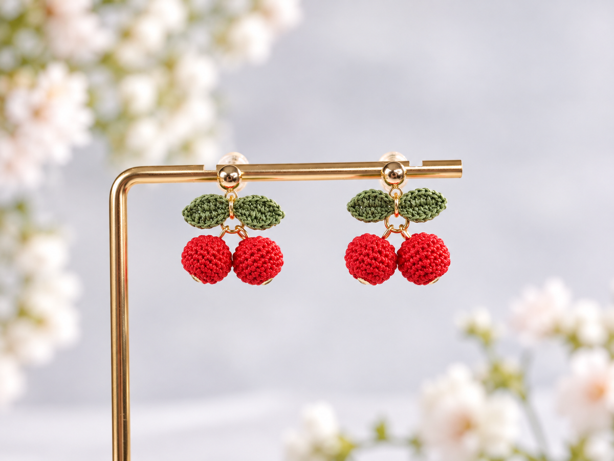 Cherry Earrings - Handmade Crochet Cherry Stud Earrings