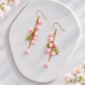 Handmade Crochet Mimosa Flower Dangle Earrings – Pink Floral Drop Earrings, Boho Botanical Jewelry