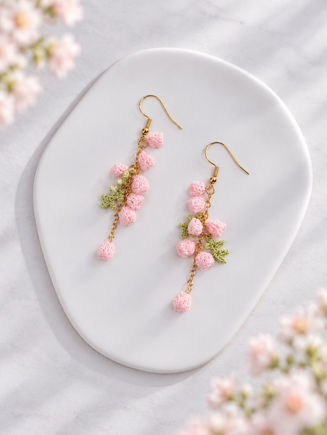 Handmade Crochet Mimosa Flower Dangle Earrings – Pink Floral Drop Earrings, Boho Botanical Jewelry