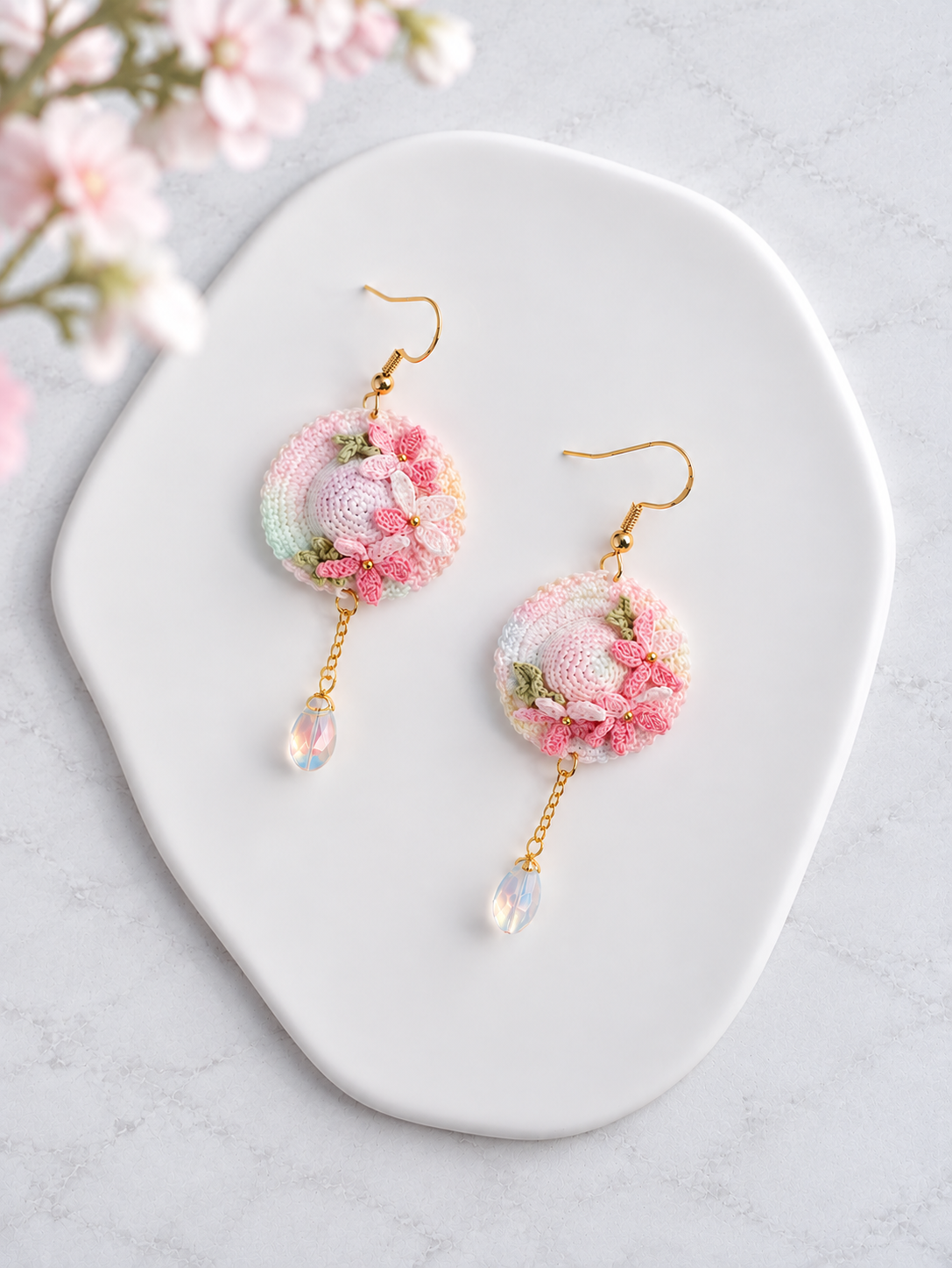 Straw Hat Earrings with Sunflower & Pink Blossom – Handmade Micro Crochet Dangle Earrings