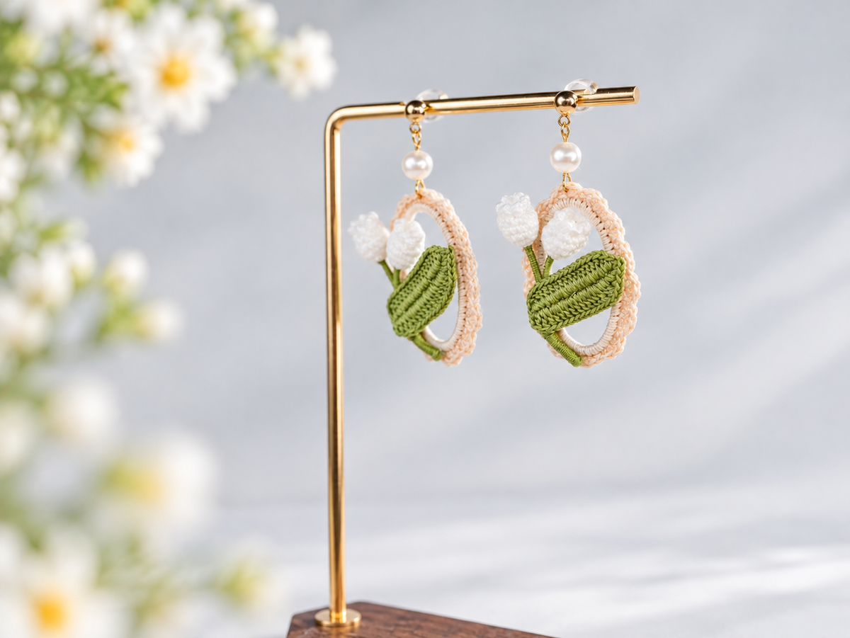 Handmade Crochet Flower Earrings with Pearl & Green Leaf – Botanical Boho Jewelry