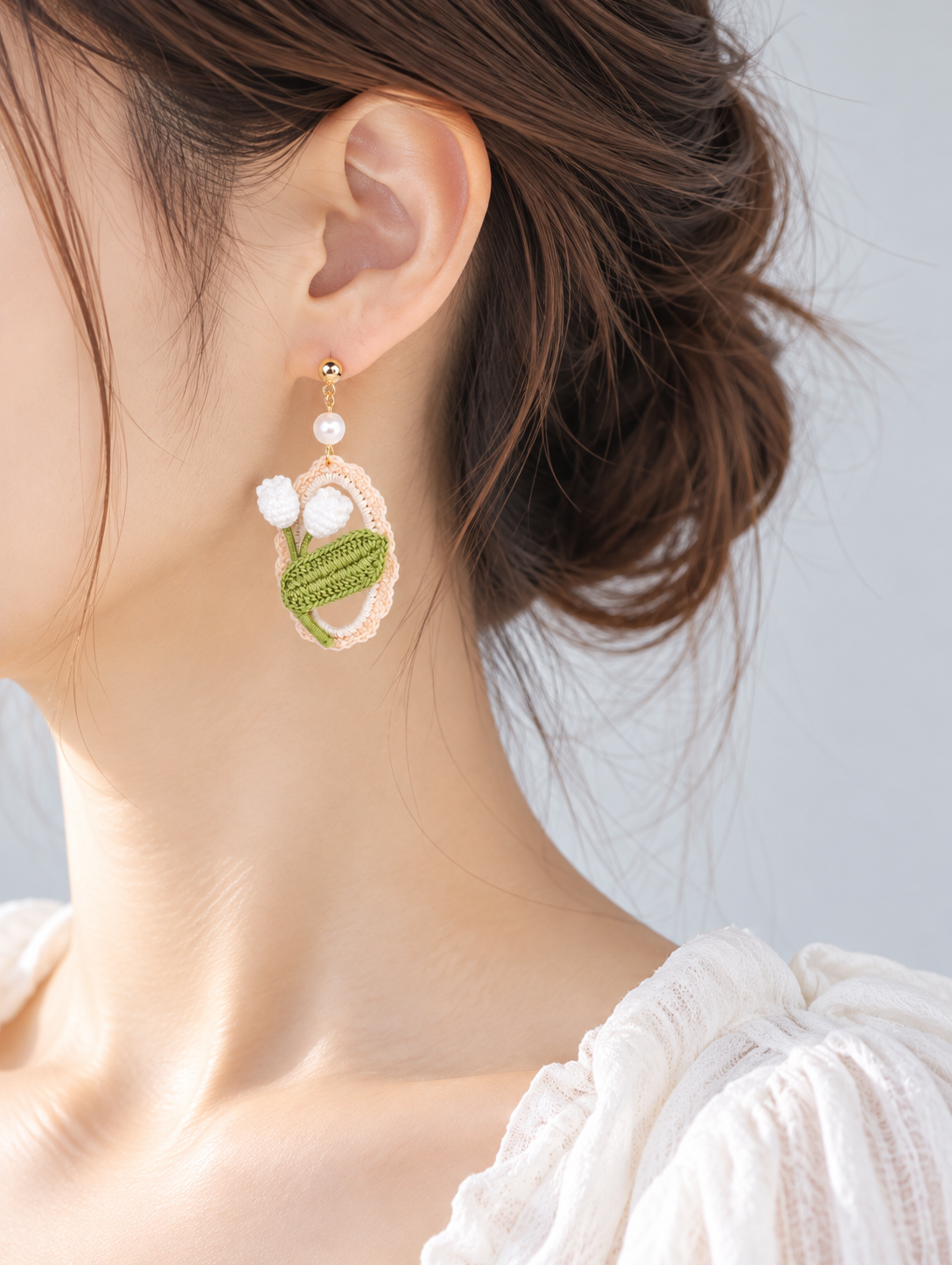 Handmade Crochet Flower Earrings with Pearl & Green Leaf – Botanical Boho Jewelry