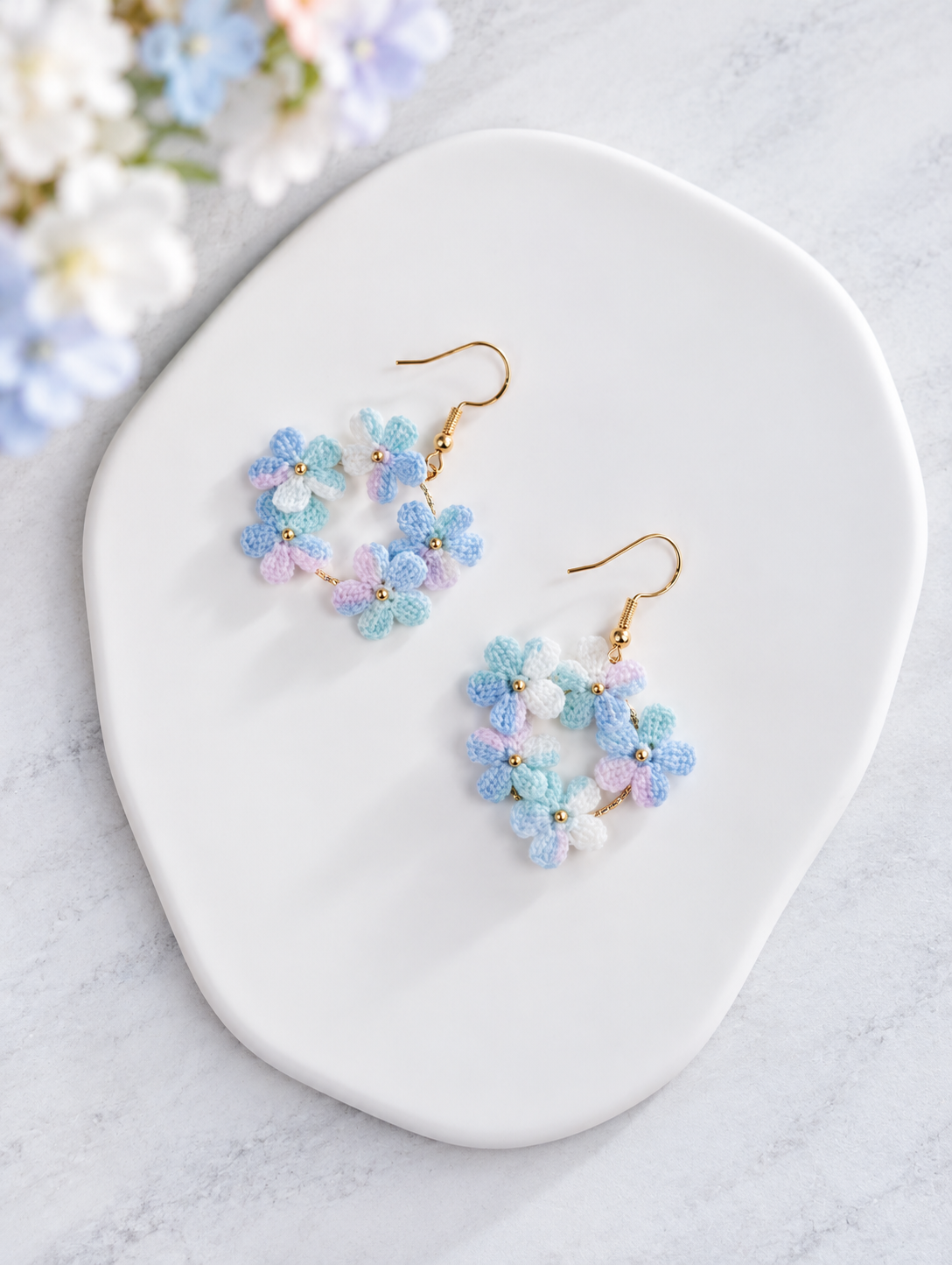Handmade Crochet Flower Hoop Earrings – Pastel Floral Dangle Earrings, Boho Botanical Jewelry