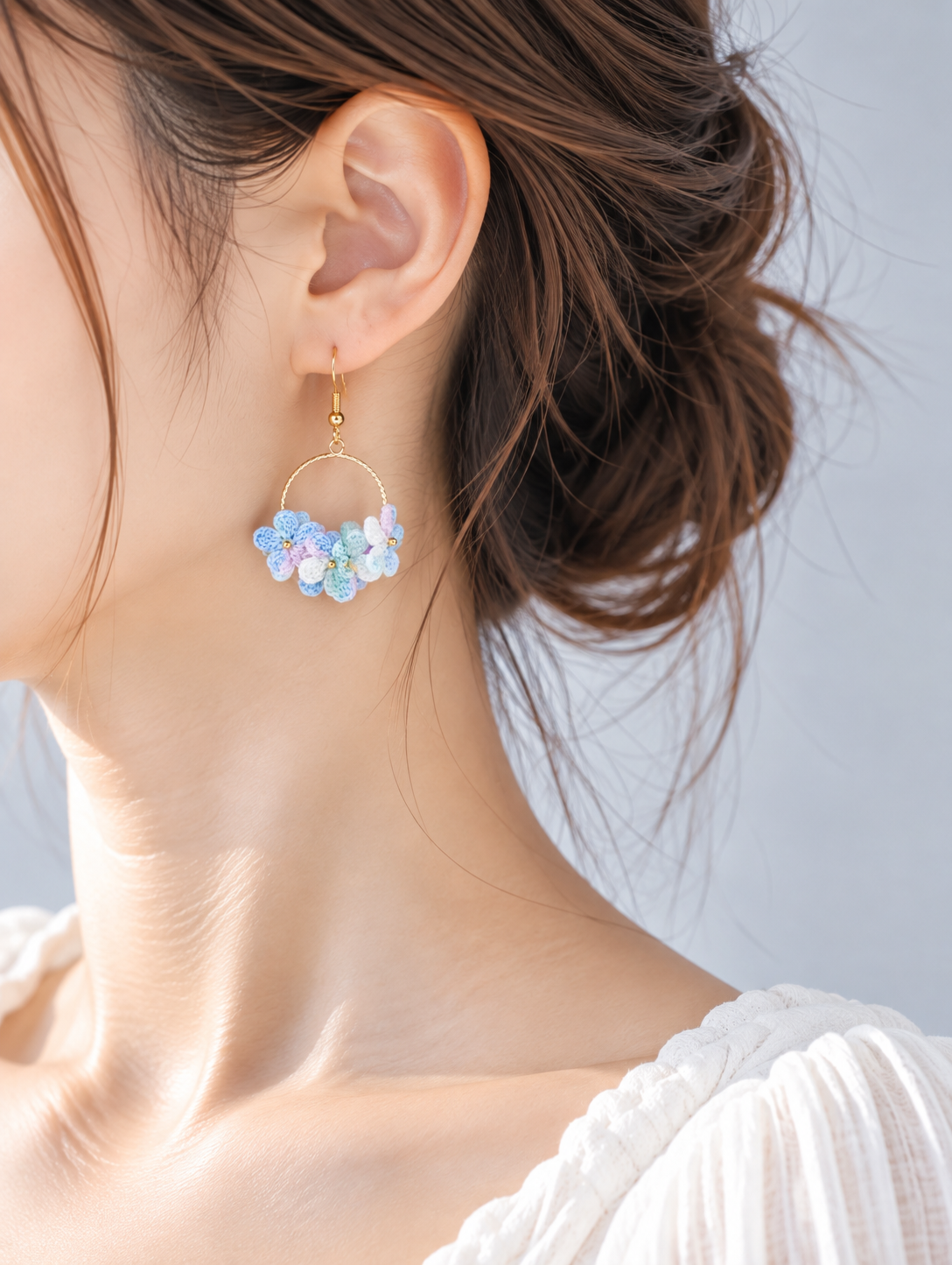 Handmade Crochet Flower Hoop Earrings – Pastel Floral Dangle Earrings, Boho Botanical Jewelry