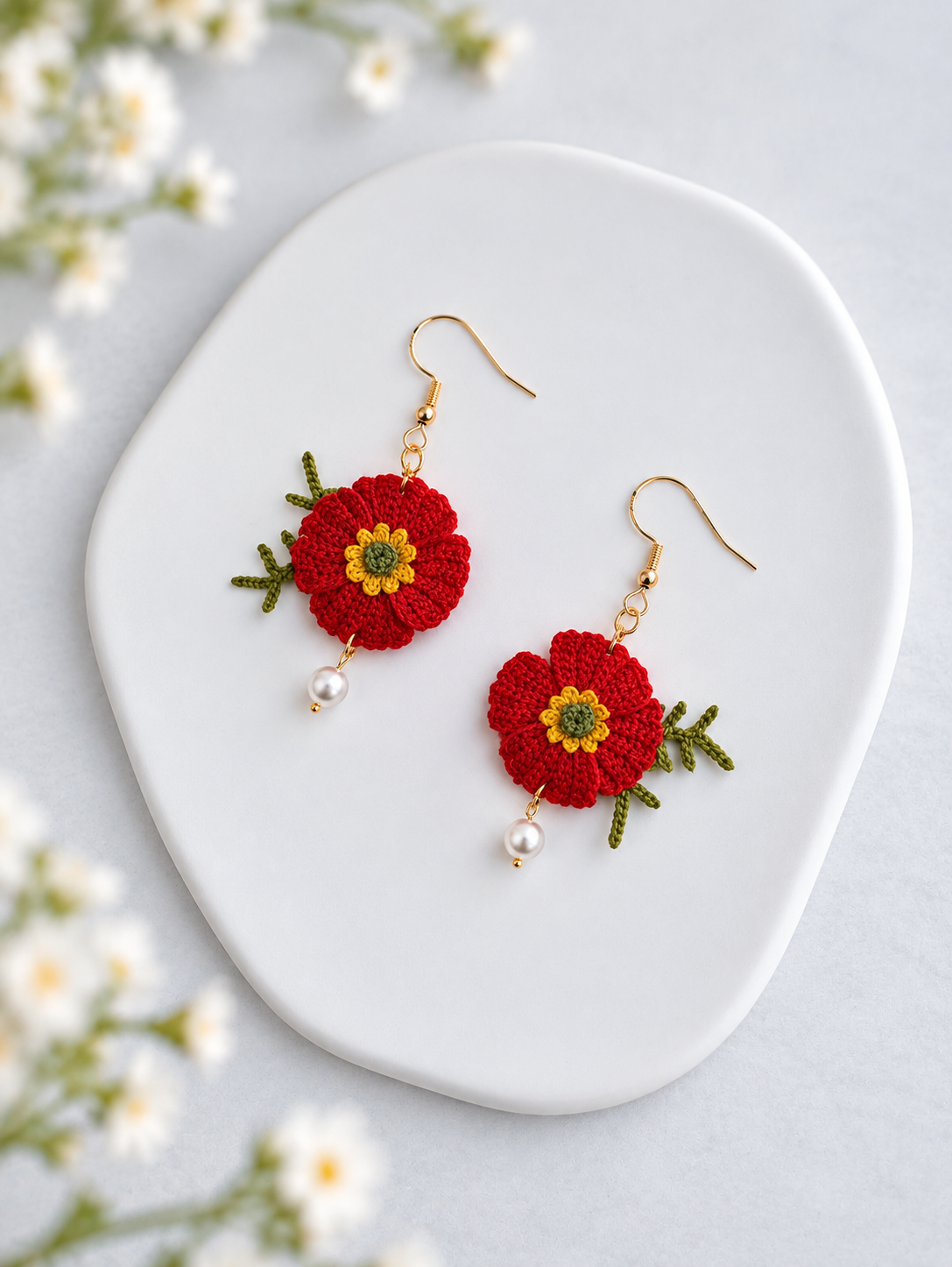 Poppy Earrings – Handmade Micro Crochet Flower Dangle Earrings with Fern & Pearl