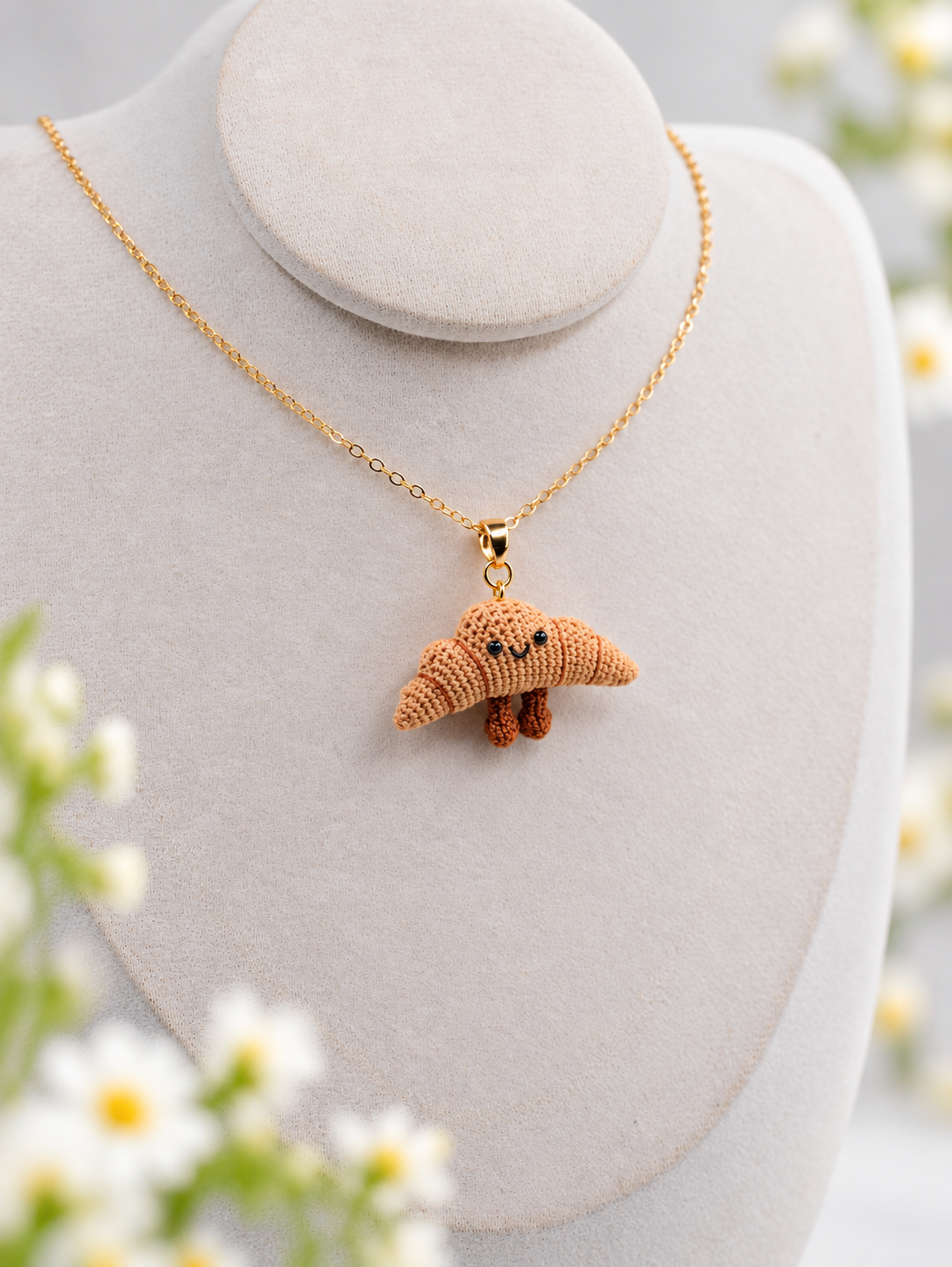 Croissant Necklace – Handmade Micro Crochet Croissant Pendant Necklace