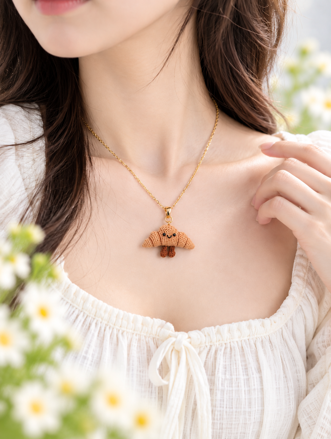 Croissant Necklace – Handmade Micro Crochet Croissant Pendant Necklace