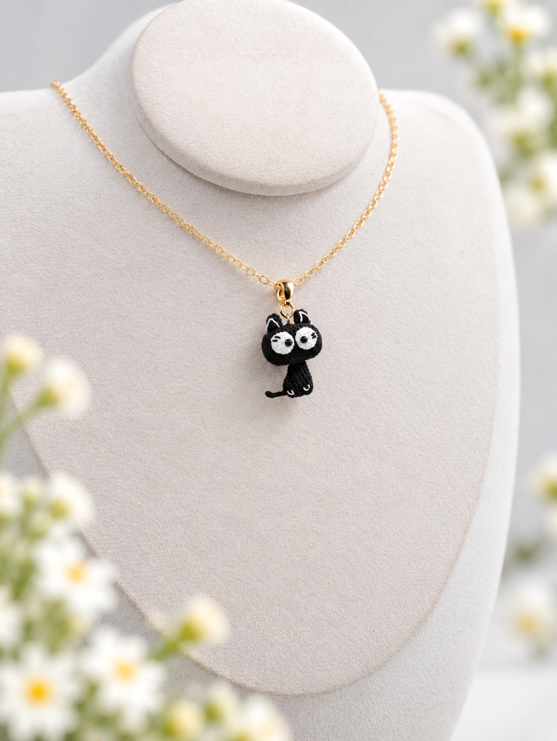 Black Cat Necklace – Handmade Micro Crochet Black Cat Pendant Necklace