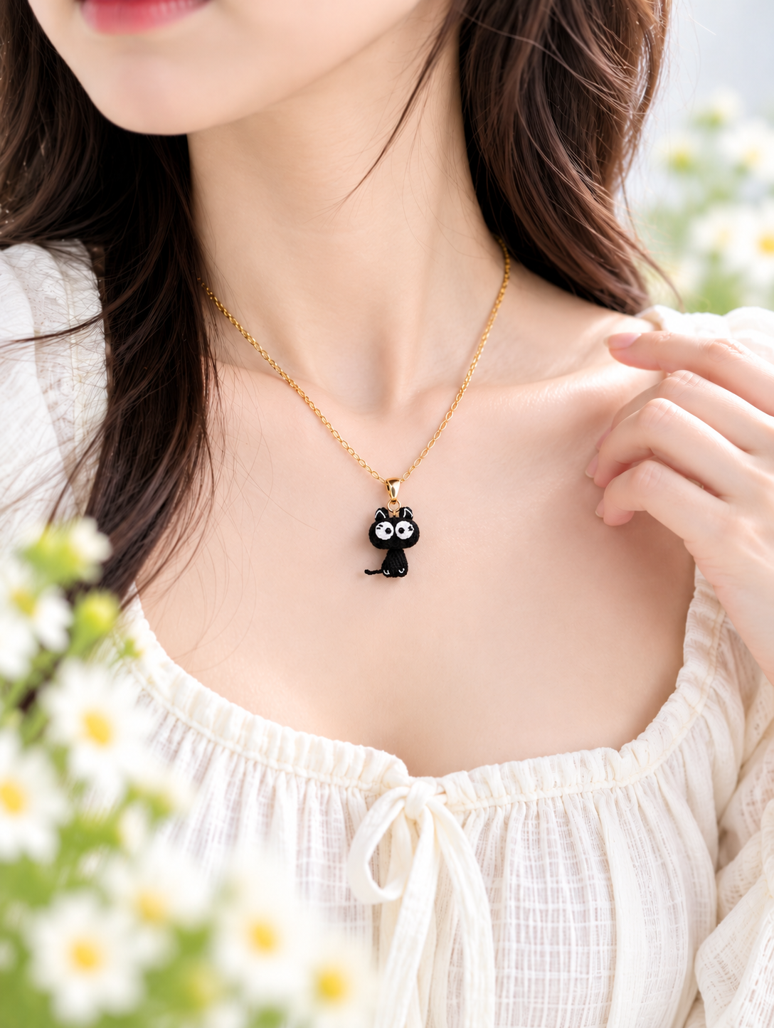 Black Cat Necklace – Handmade Micro Crochet Black Cat Pendant Necklace