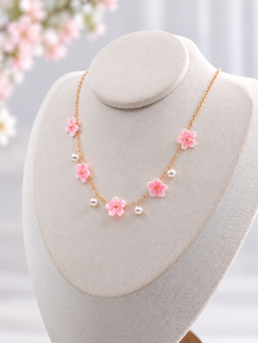 Cherry Blossom Necklace – Handmade Micro Crochet Pink Sakura Pearl Necklace