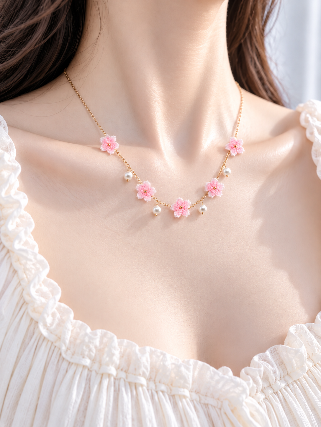Cherry Blossom Necklace – Handmade Micro Crochet Pink Sakura Pearl Necklace