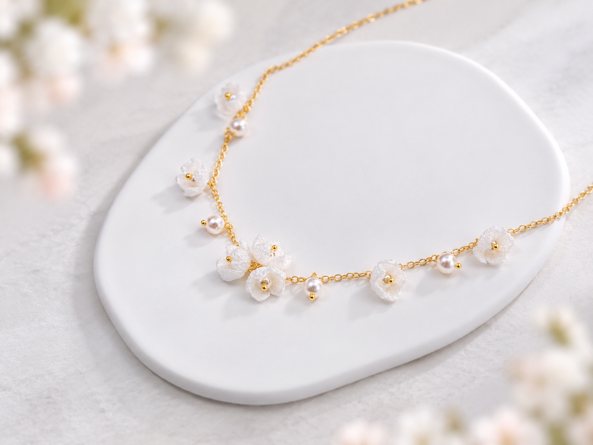 White Blossom Necklace – Handmade Micro Crochet 7 Flower Pearl Necklace