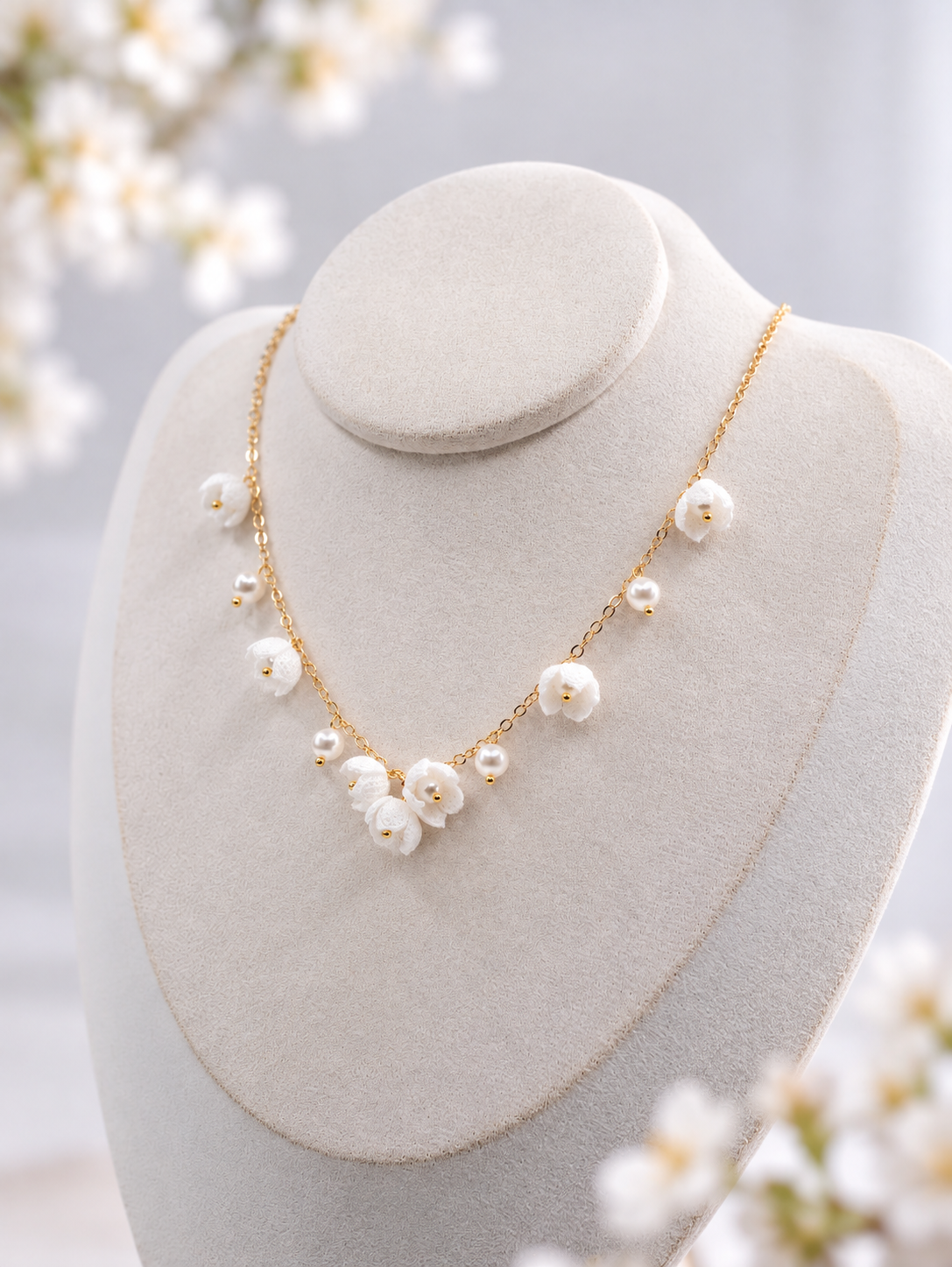 White Blossom Necklace – Handmade Micro Crochet 7 Flower Pearl Necklace