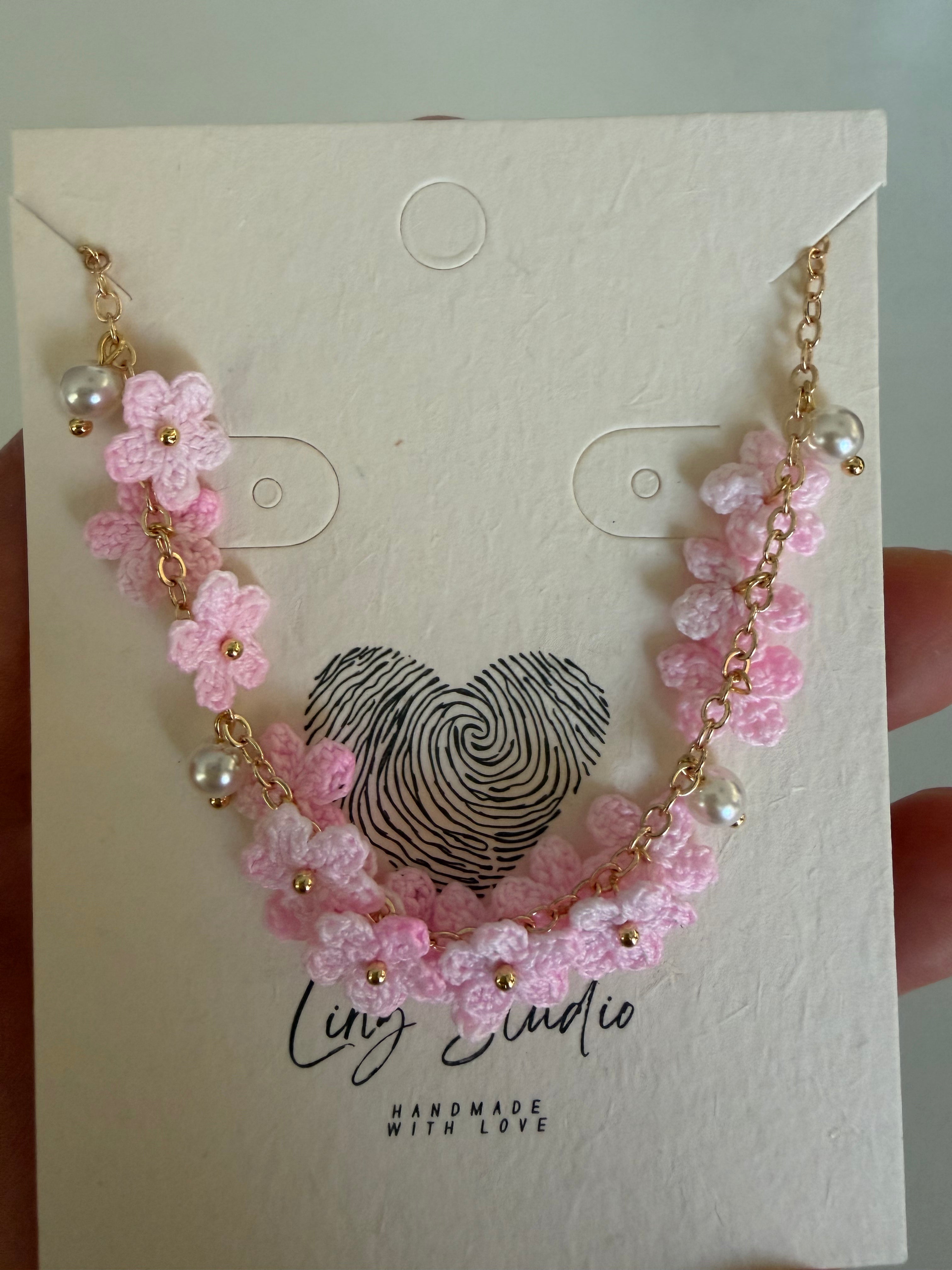 Pink Crochet Flower Bracelet with Pearl Accents